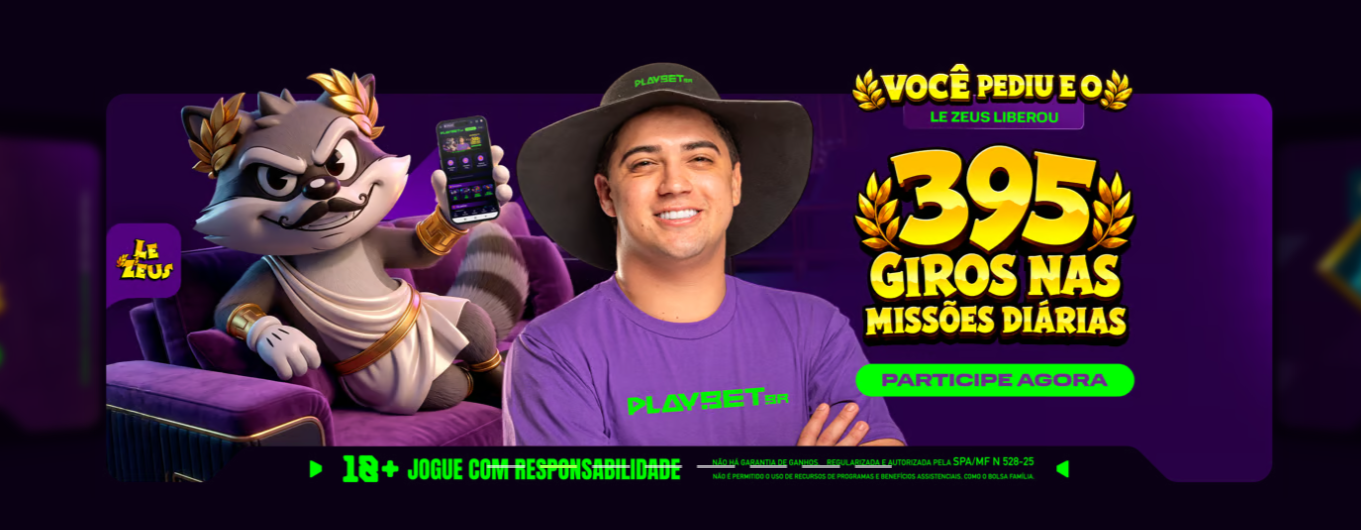 Promotional banner for 395 daily spins in daily missions featuring Le Zeus mascot and Playbet ambassador with Participe Agora CTA
