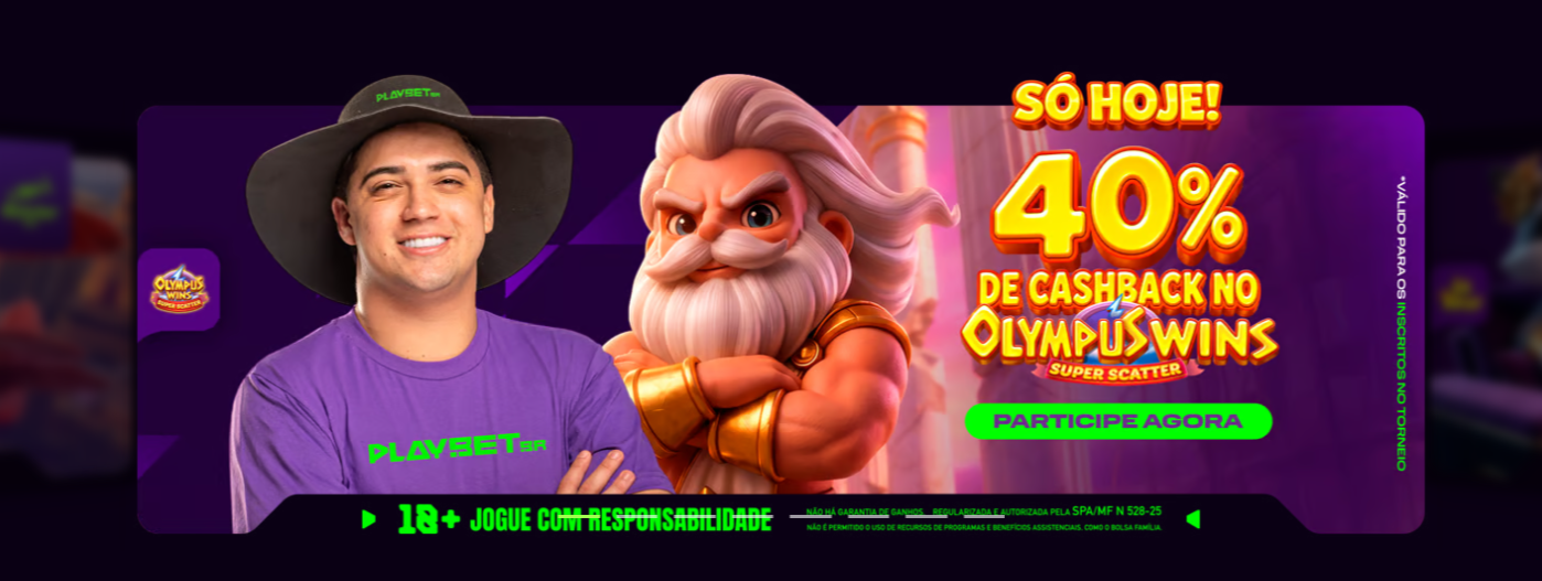 Promotional banner for 40% cashback on Olympus Wins Super Scatter game with ambassador and Participe Agora button