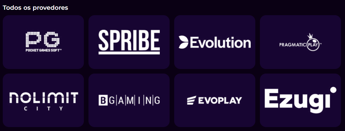 Game providers grid showing PG Soft, Spribe, Evolution, Pragmatic Play, Nolimit City, BGaming, Evoplay and Ezugi logos