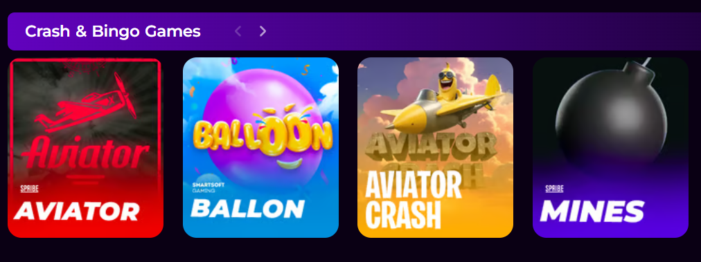 Crash and Bingo games section featuring Aviator, Ballon, Aviator Crash and Mines game cards