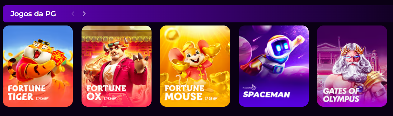 PG Soft games carousel featuring Fortune Tiger, Fortune Ox, Fortune Mouse, Spaceman and Gates of Olympus