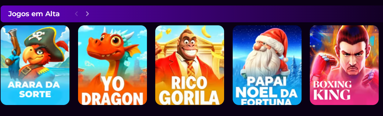 Trending games section with Arara da Sorte, Yo Dragon, Rico Gorila, Papai Noel da Fortuna and Boxing King slots