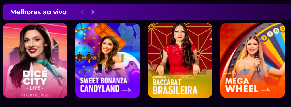 Best Live Casino games carousel showing Dice City Live, Sweet Bonanza Candyland, Baccarat Brasileira and Mega Wheel