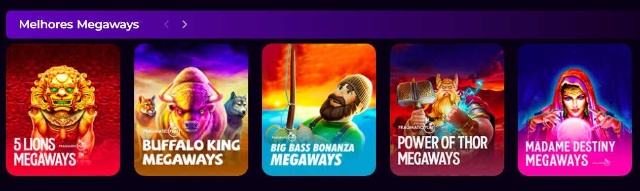 Best Megaways games carousel showing 5 Lions, Buffalo King, Big Bass Bonanza, Power of Thor and Madame Destiny Megaways