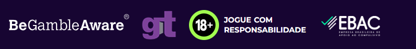 Footer bar with BeGambleAware, GIT, 18+ Jogue com Responsabilidade and EBAC responsible gambling logos