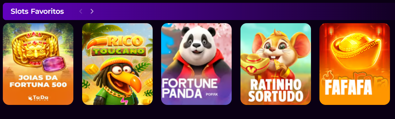 Favourite Slots carousel showing Joias da Fortuna 500, Rico Toucano, Fortune Panda, Ratinho Sortudo and Fafafa